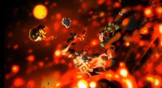 妓夫太郎的頭則遭炭治郎與宇髓天元合力砍斷。